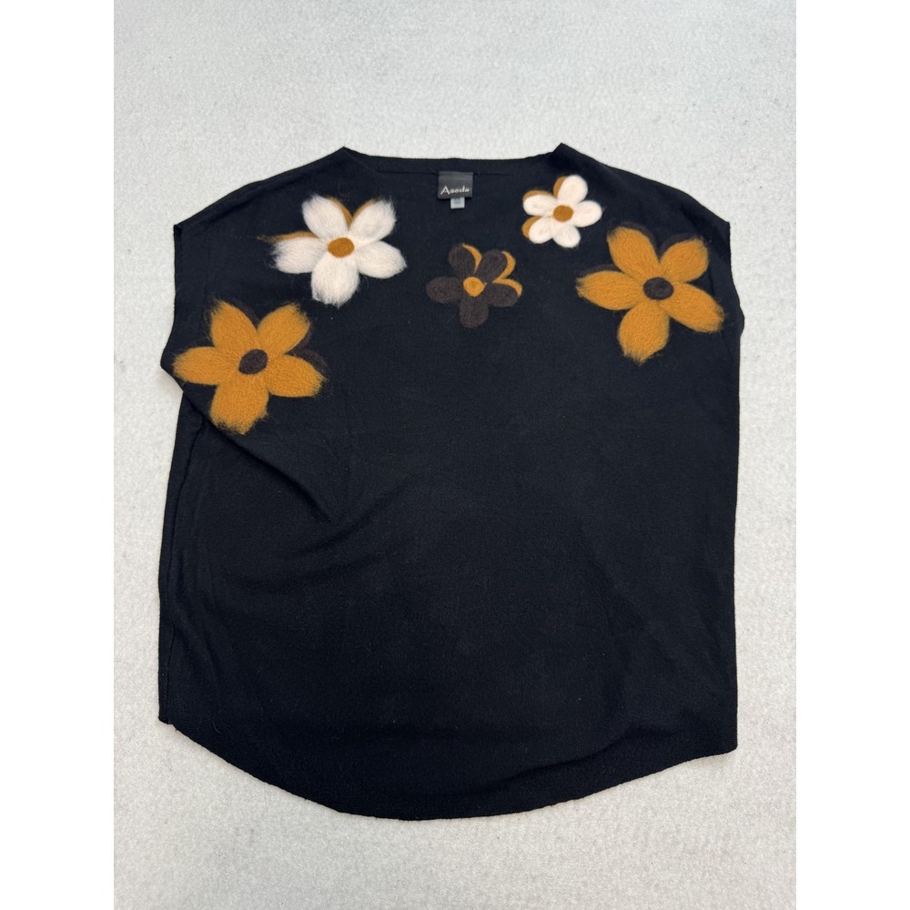 Aaeda Shirt‎ Women's XS Black Floral Felt Applique Boat Neck Cap Sleeve Vest